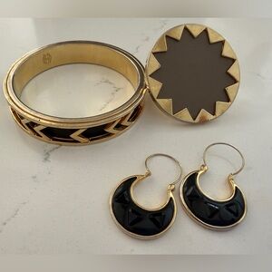 HOUSE OF HARLOW Gold-Tone Black Enamel Crescent Hoop Earrings, RING, &Bracelet